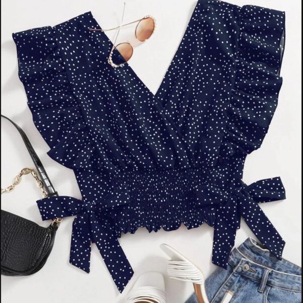 Blue Polka Dot Shirt with Ruffle Sleeves